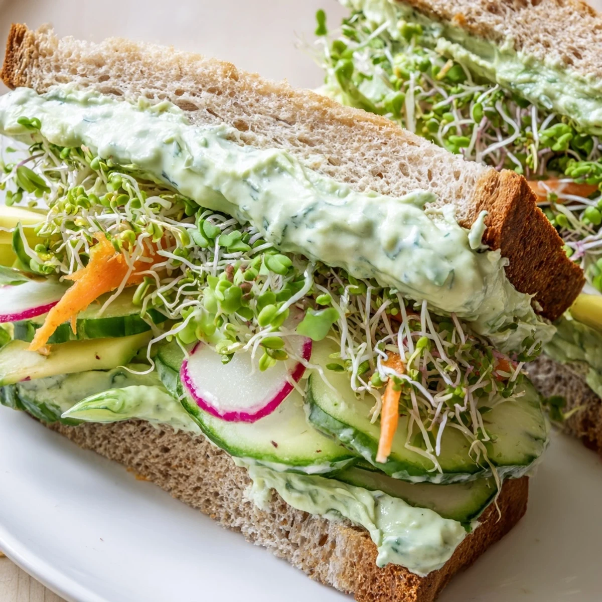 A close-up shot of a delicious Green Goddess Sandwich on sourdough, ready to eat, bursting with color.