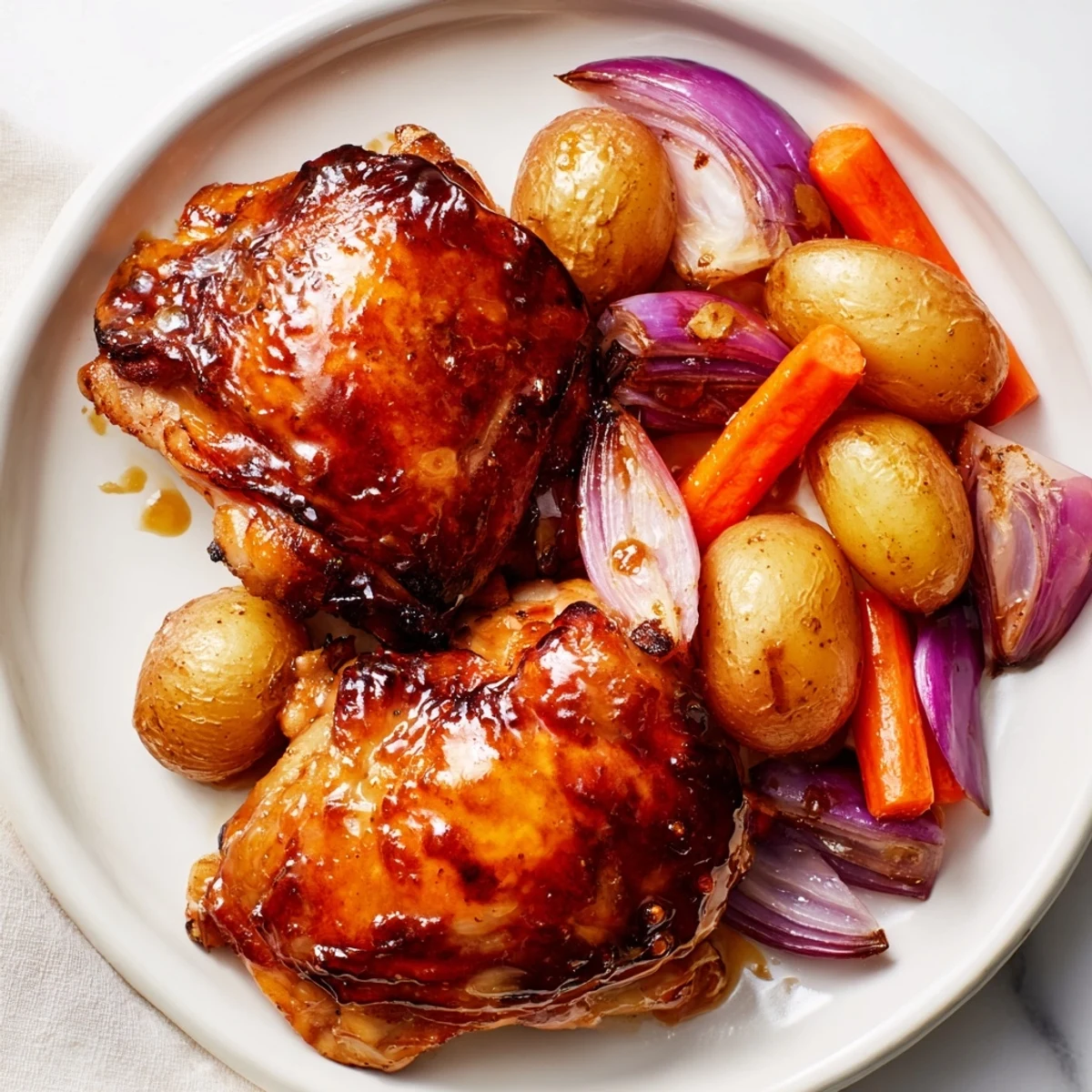 Golden-brown Maple Dijon Chicken Thighs glistening with glaze, alongside roasted carrots and potatoes.