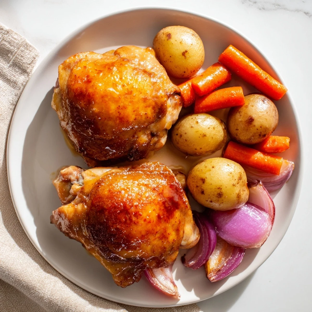 Sheet pan showcasing flavorful Maple Dijon Chicken Thighs, perfectly roasted with colorful vegetables for dinner.
