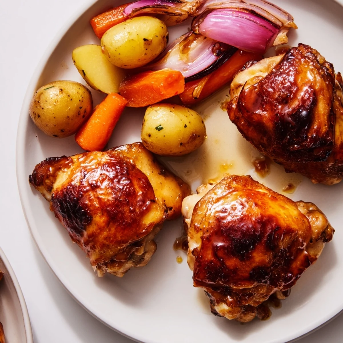 Juicy, tender Maple Dijon Chicken Thighs, served hot, appear next to roasted vegetables, perfect for a cozy meal.