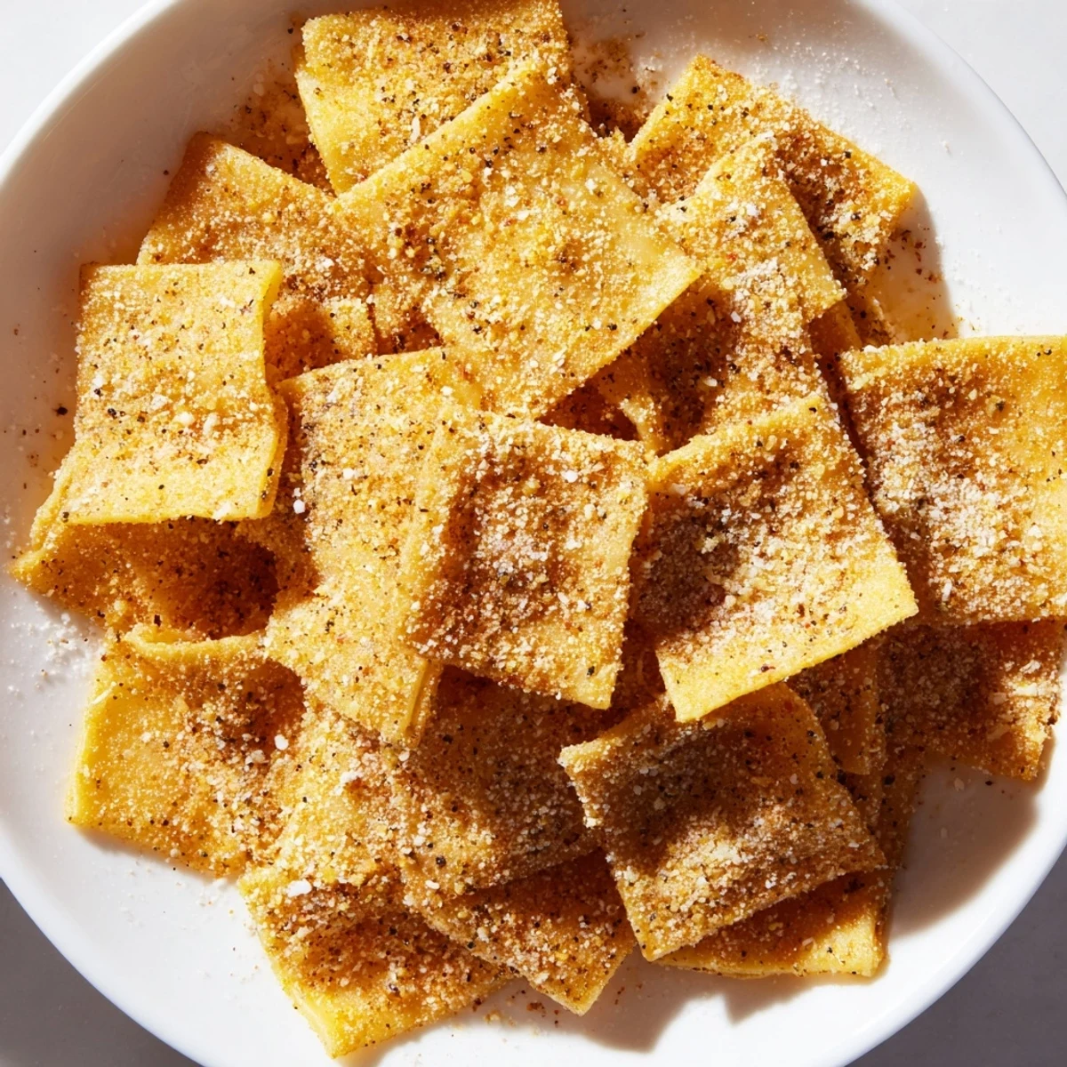 Golden, crispy Parmesan Pasta Chips, perfect appetizer, served with a vibrant red marinara sauce.