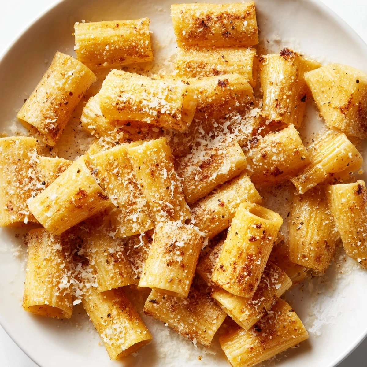 Air-fried Parmesan Pasta Chips, offering a satisfying crunch and savory, cheesy flavor as a snack.