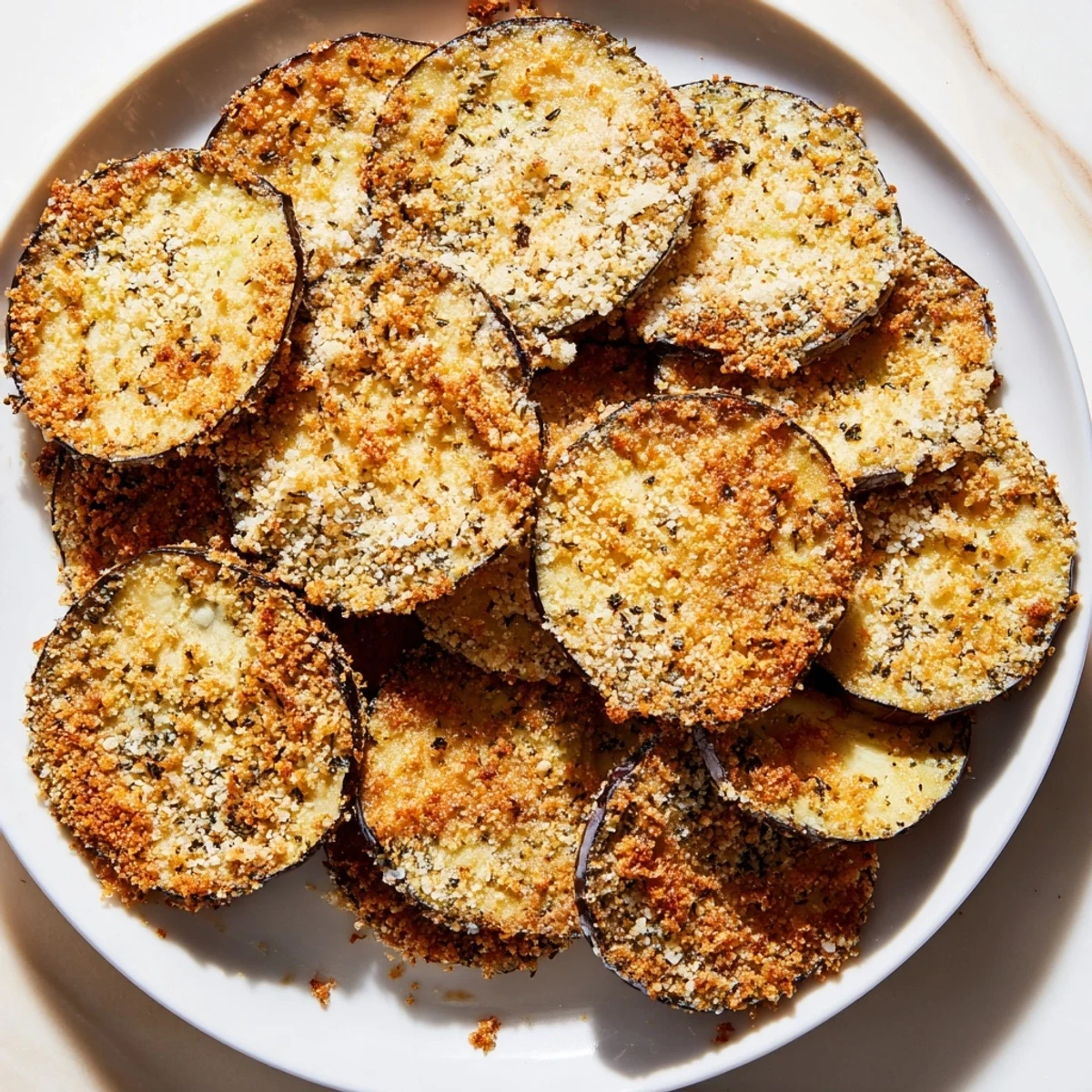 Golden-brown Crispy Eggplant Parmesan Chips, fresh from the oven, ready to serve with marinara.