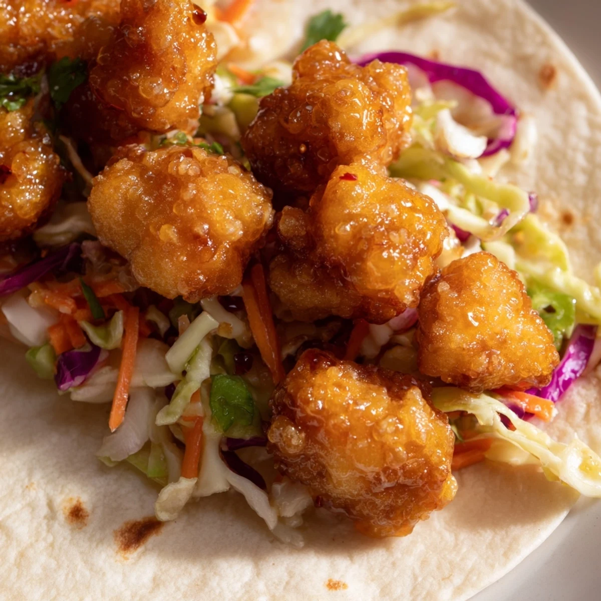 Warm corn tortillas overflowing with crispy Hot Honey Chicken Tacos, drizzled with spicy honey and fresh slaw.