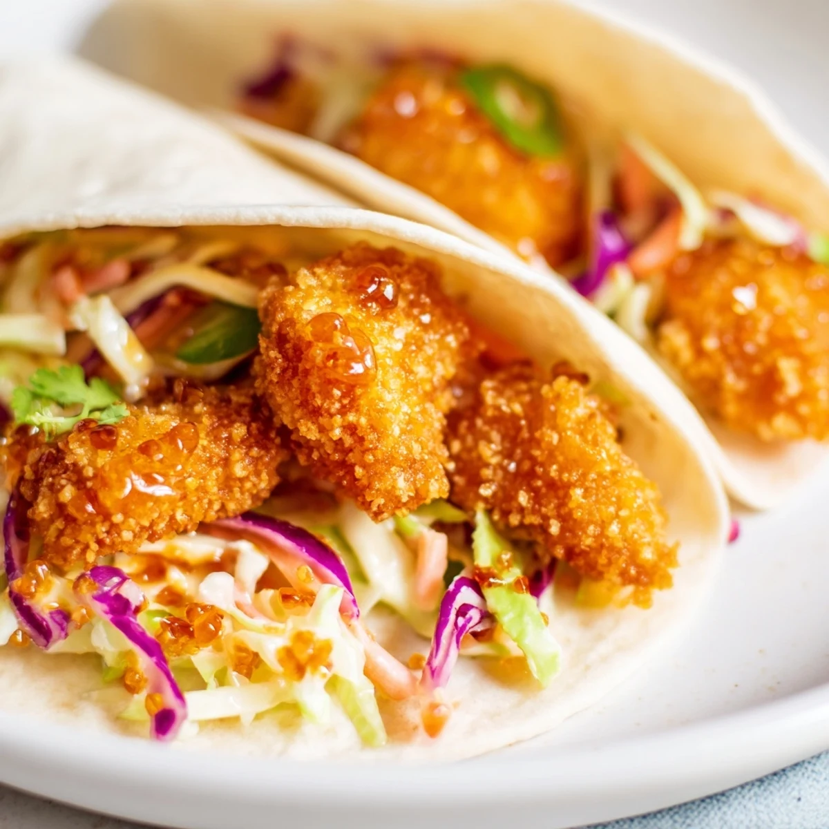 A close-up of delicious Hot Honey Chicken Tacos, showcasing the golden fried chicken and vibrant toppings.