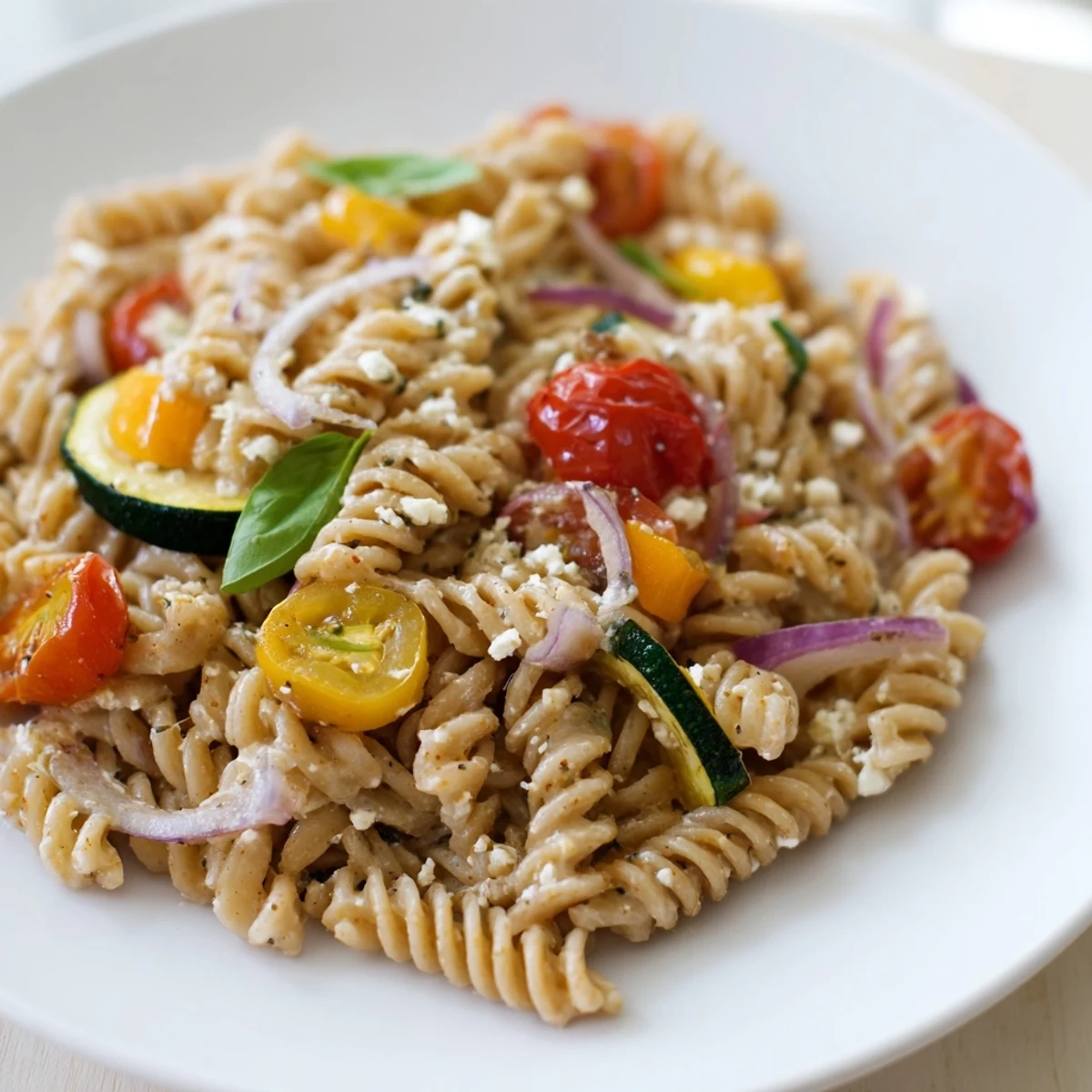 Creamy, baked feta pasta with roasted veggies, a delicious and light Mediterranean main dish.