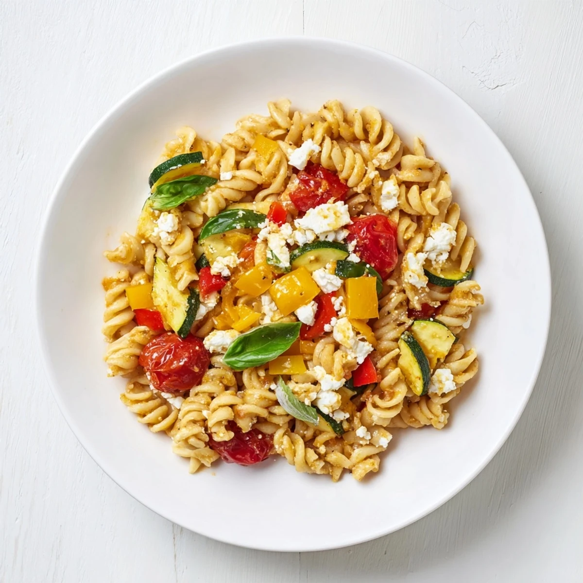 Golden-baked feta pasta, bursting with flavorful roasted tomatoes and zucchini for a healthy meal.