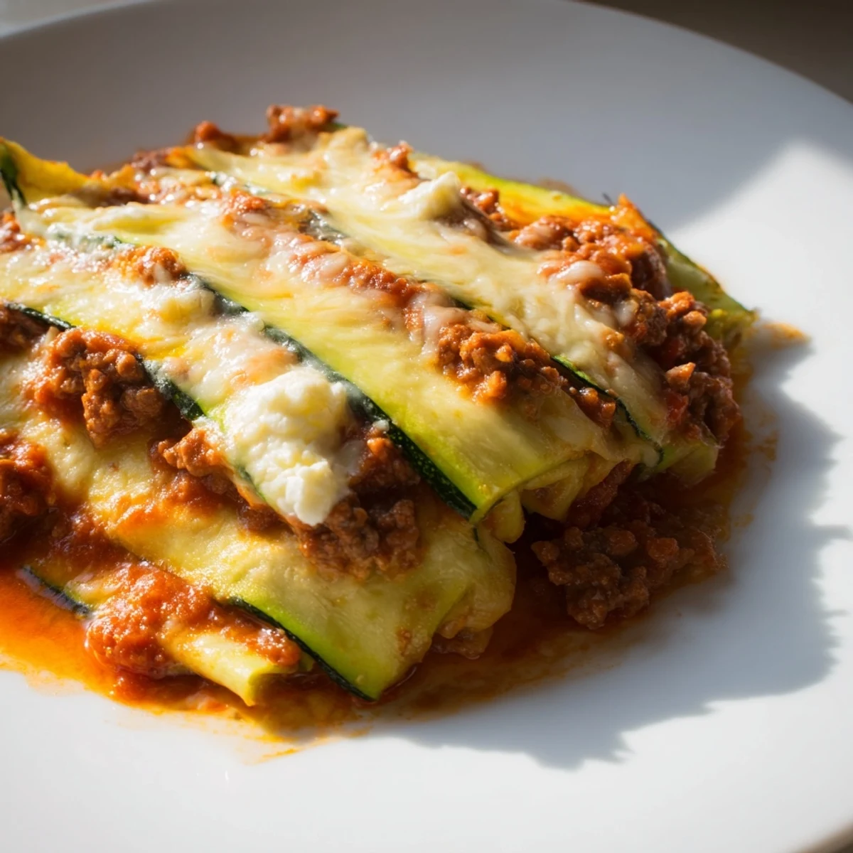 A hearty, one-pan Zucchini Lasagna Skillet, featuring layers of ground beef and creamy ricotta cheese.