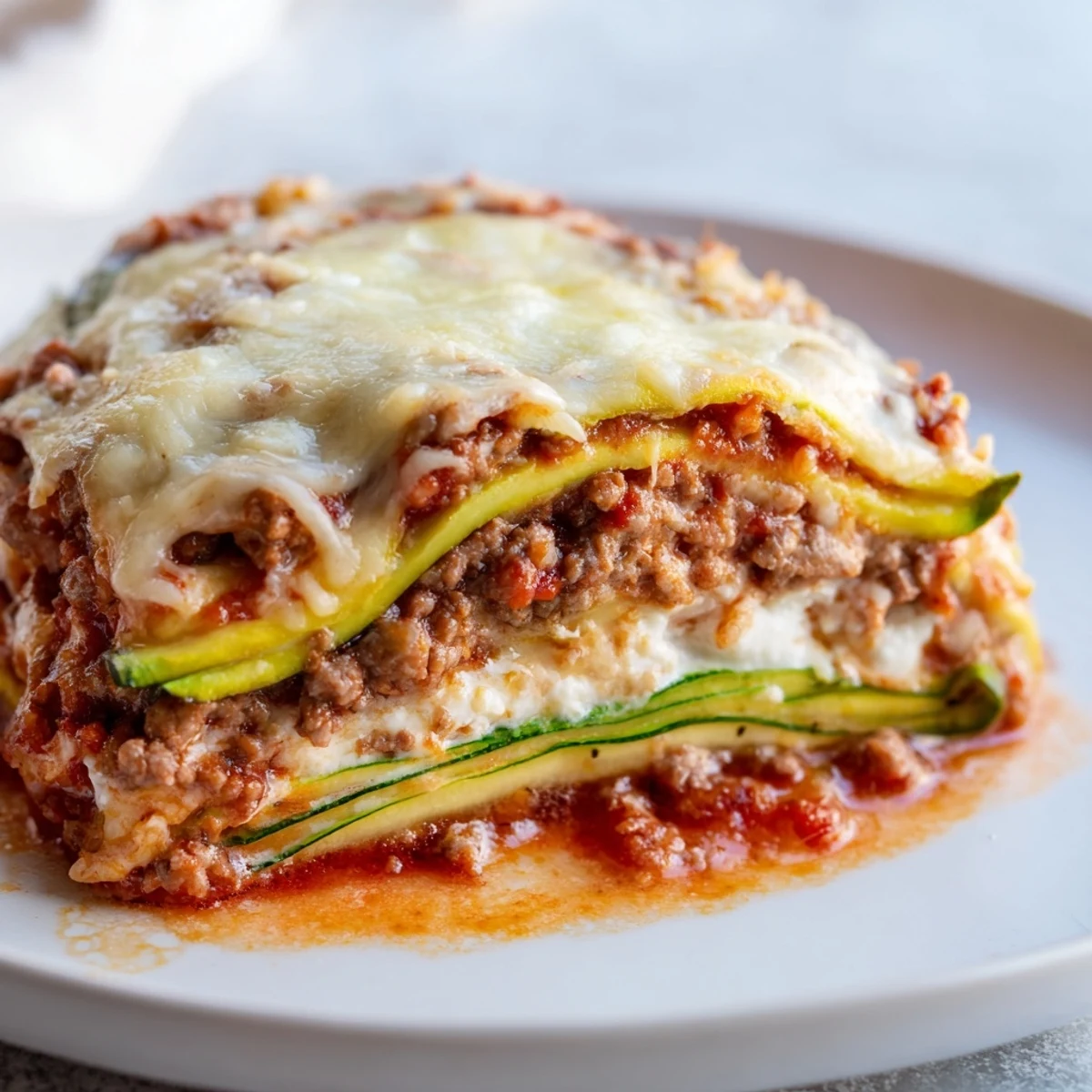Close-up of bubbling, cheesy Zucchini Lasagna Skillet with tender zucchini ribbons and rich tomato sauce.