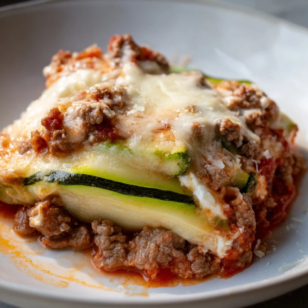 Shredded mozzarella and Parmesan topping a sizzling Zucchini Lasagna Skillet, ready for a comforting dinner.