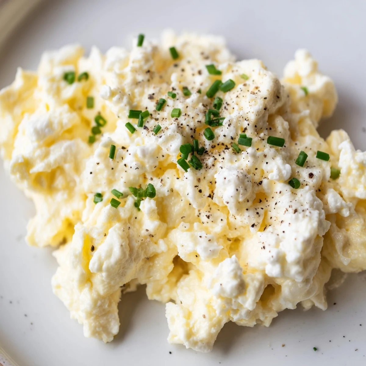 Fluffy Cottage Cheese Scrambled Eggs on a plate, ready to be enjoyed as a protein-rich breakfast.