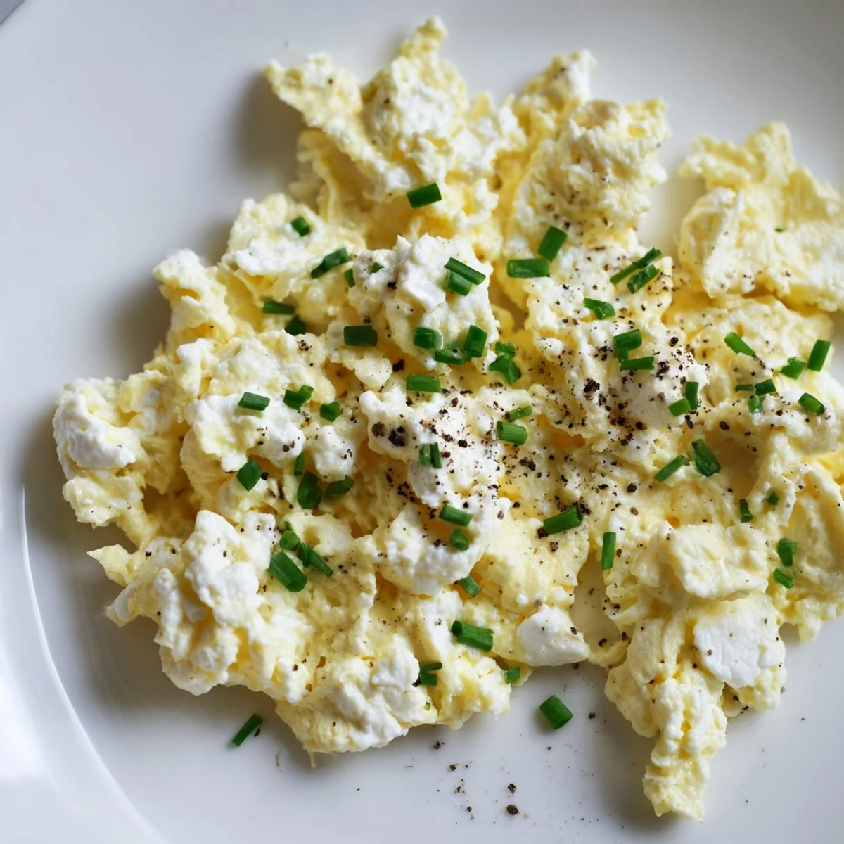 Creamy Cottage Cheese Scrambled Eggs, cooked in butter, pictured with fresh chives for garnish.