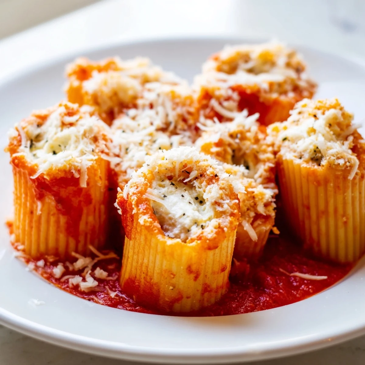 Freshly baked honeycomb pasta bake with cheesy filling, ready for serving with a green salad.