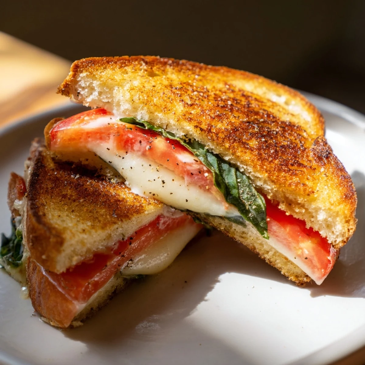 Golden-brown Tomato Basil Grilled Cheese sandwich oozing with melted mozzarella cheese, ready to eat.