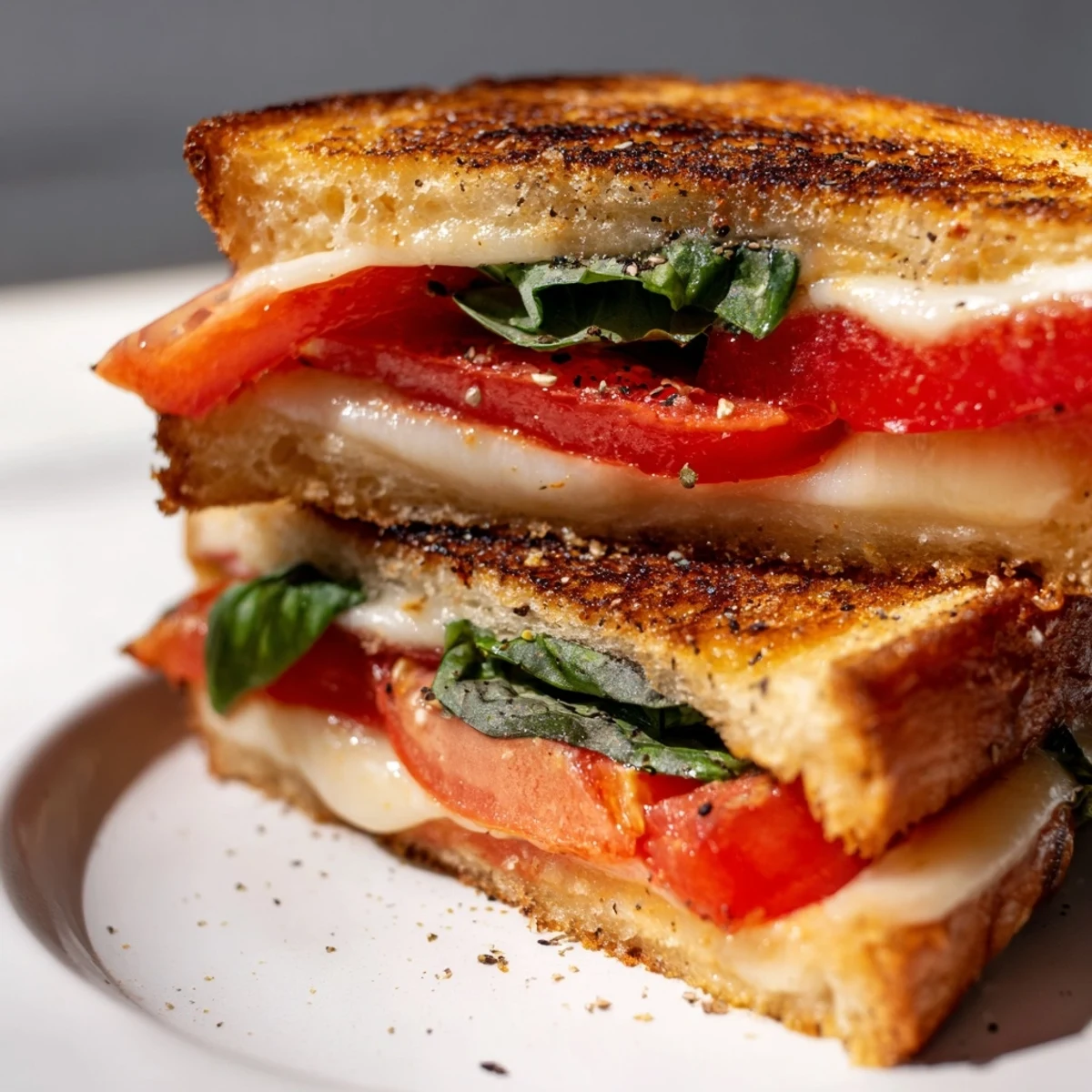 Close-up of a warm, cheesy Tomato Basil Grilled Cheese, showcasing the fresh, vibrant ingredients.