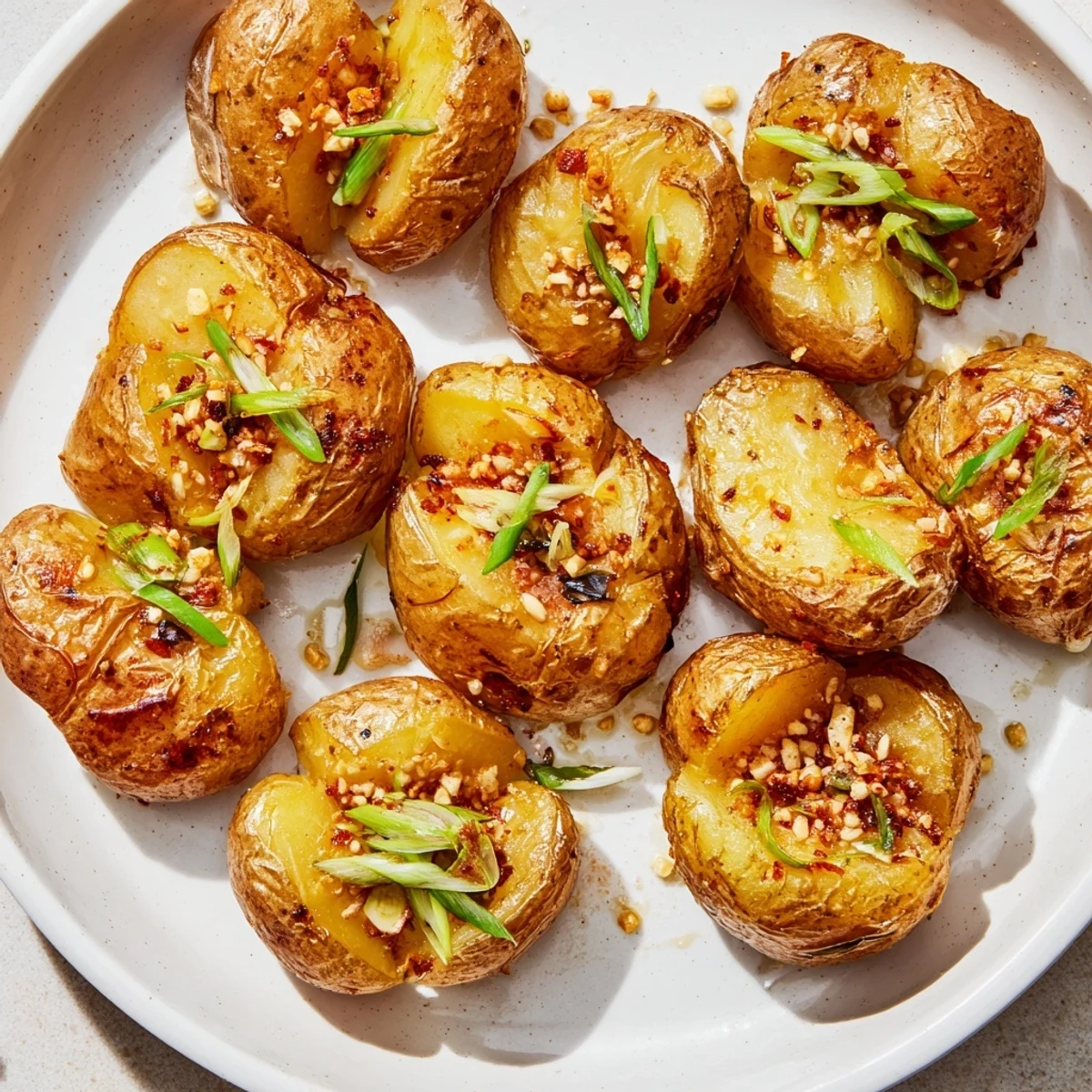 Golden, crispy Smashed Green Onion Potato Bombs, a vegetarian side dish bursting with fresh scallion flavor.