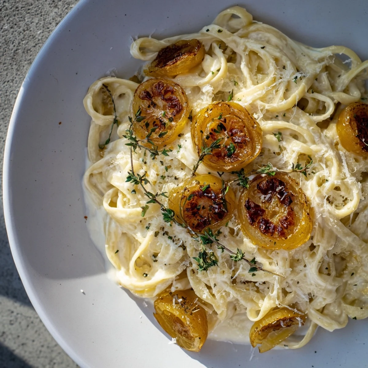 Golden-brown onions and melted Gruyère top this one-pot French onion pasta, a hearty meal.