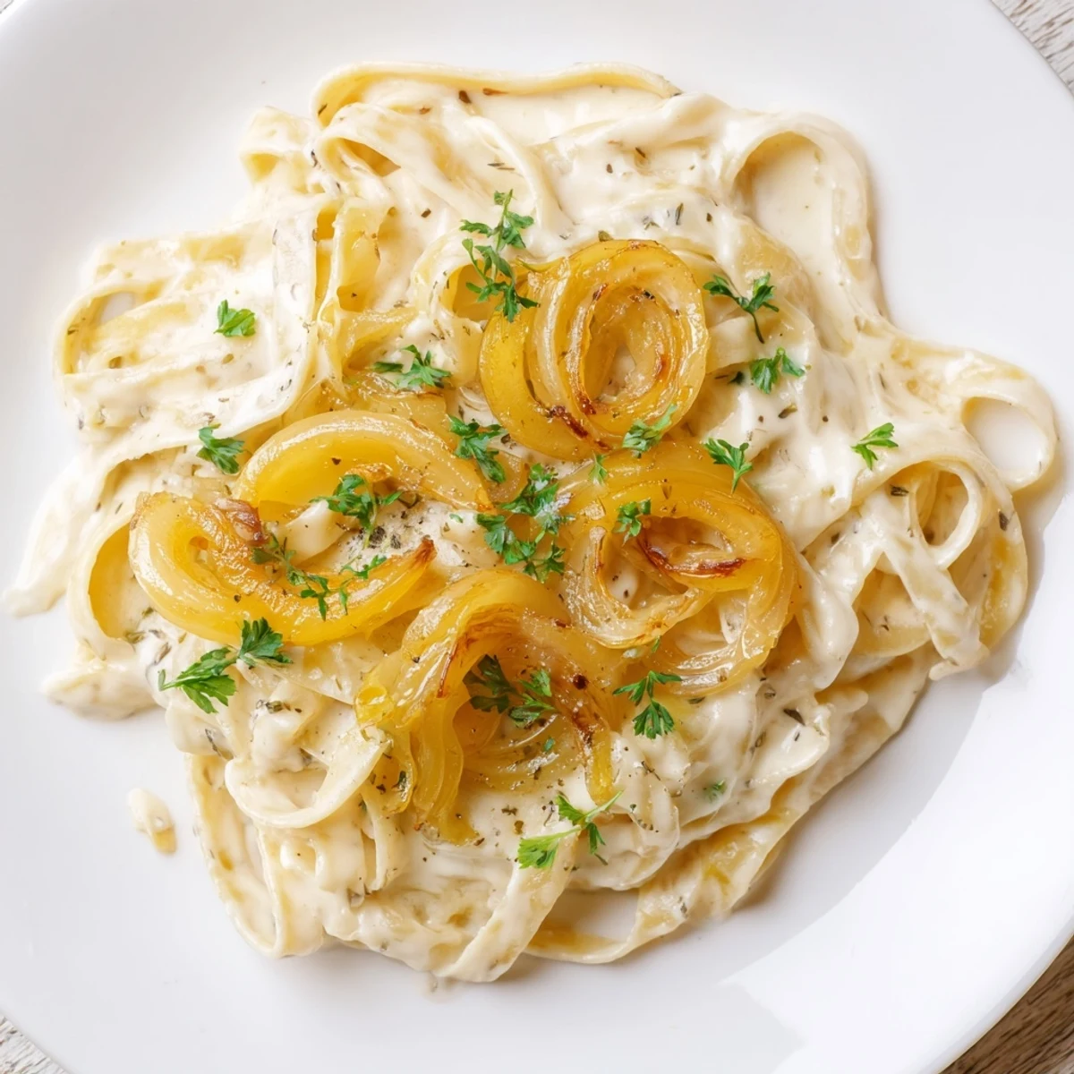 This photo features a steaming bowl of one-pot French onion pasta, ready to warm you up.