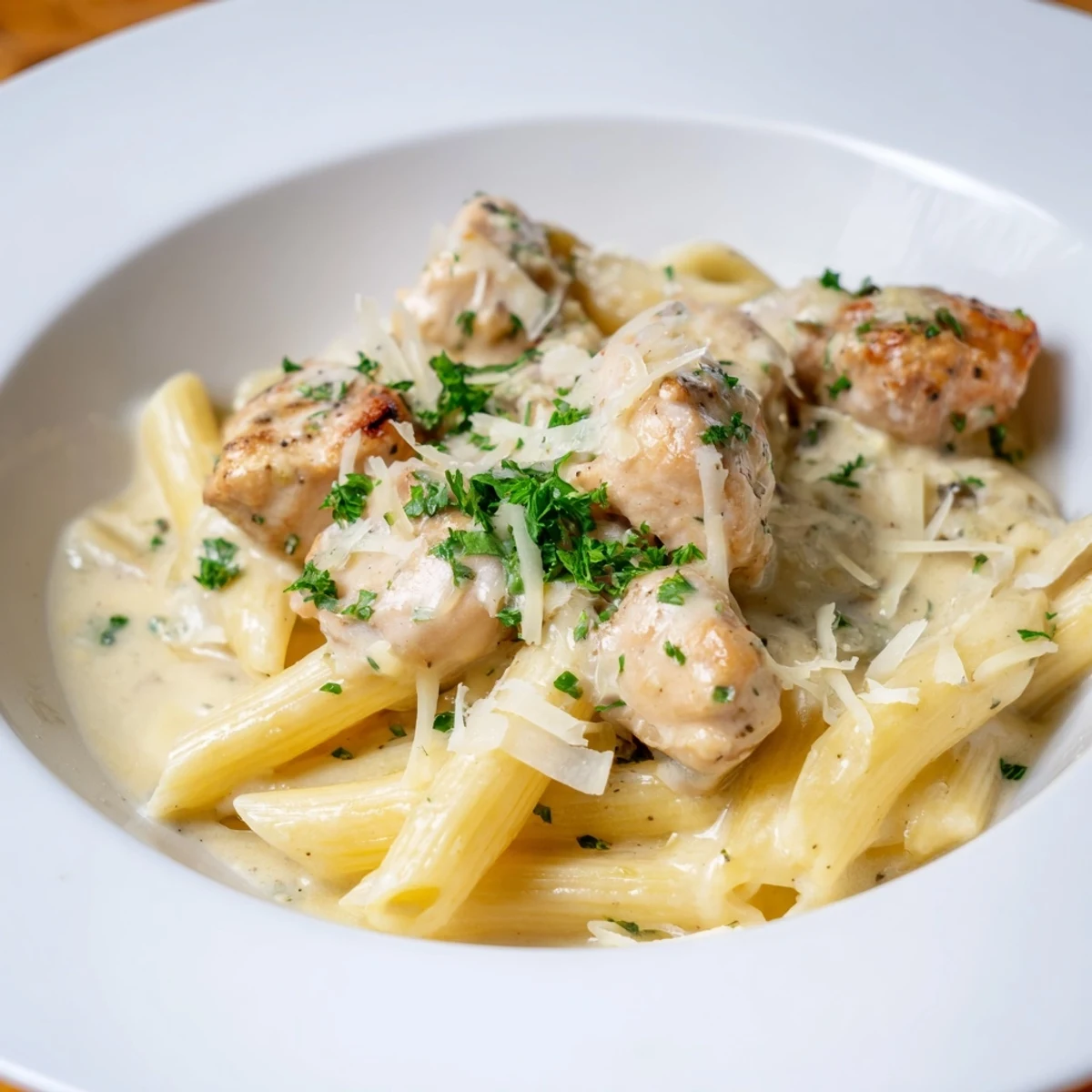 This photo shows a bubbling Quick Garlic Parmesan Chicken Pasta; perfect for a quick, family-friendly dinner.