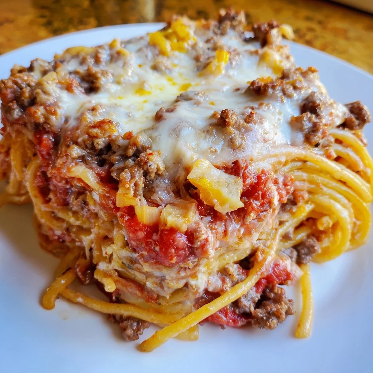 Golden, bubbly Million Dollar Spaghetti, a hearty baked pasta dish with a cheesy top.