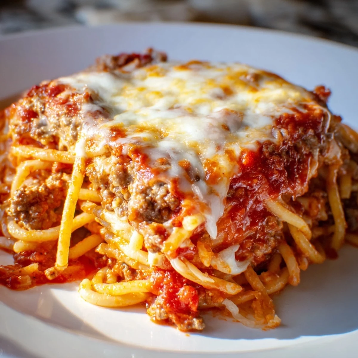 A comforting photo of baked Million Dollar Spaghetti, with layers of rich meat sauce and creamy cheese.
