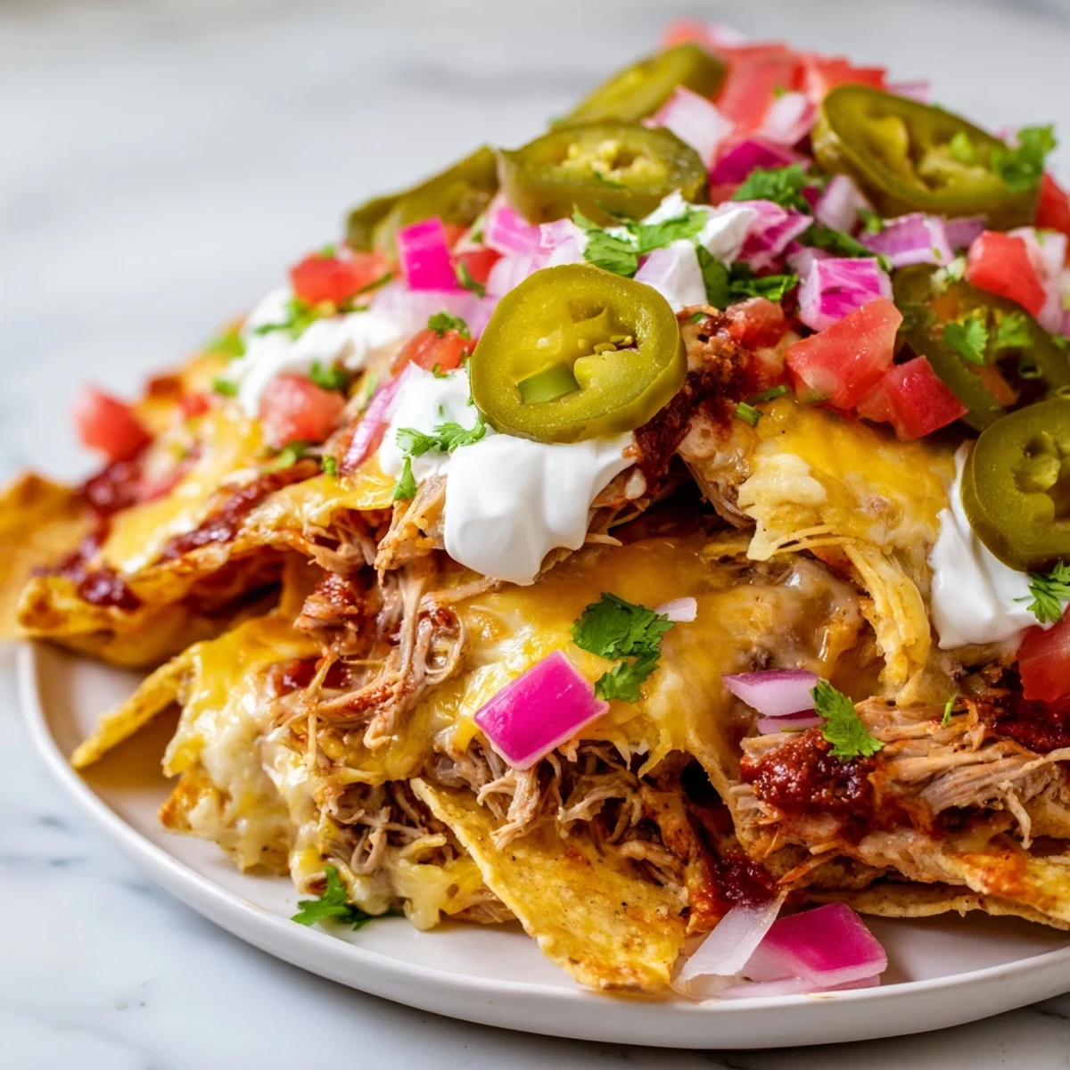 Golden, bubbly Loaded Nachos with tender pulled pork, dripping with creamy queso, topped with fresh cilantro.