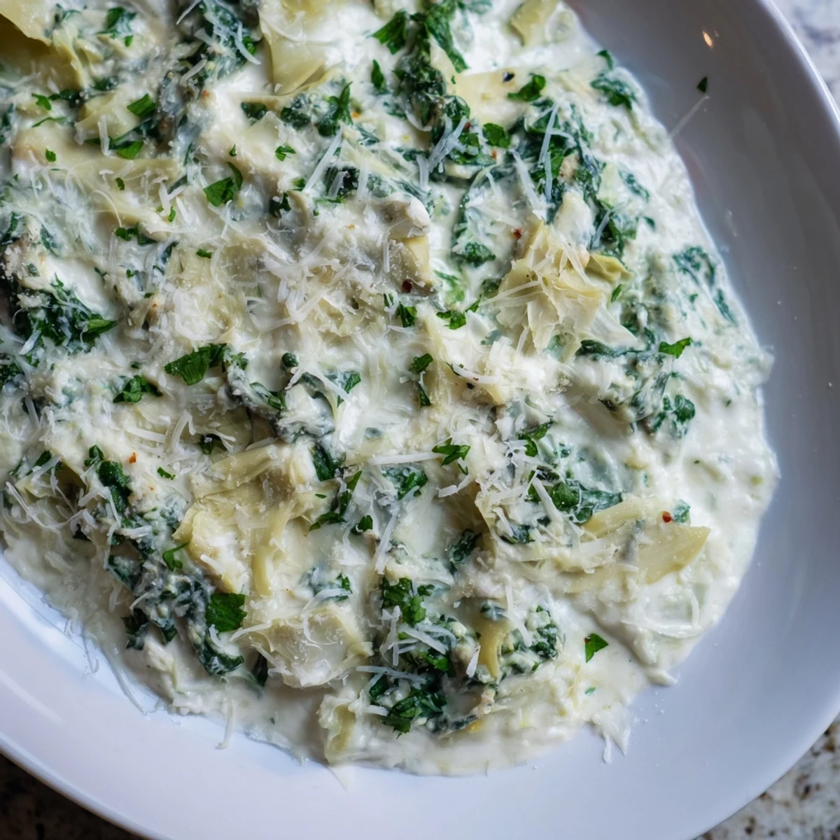 Melted mozzarella topping a rich Spinach Artichoke Dip, ready to be scooped and savored.