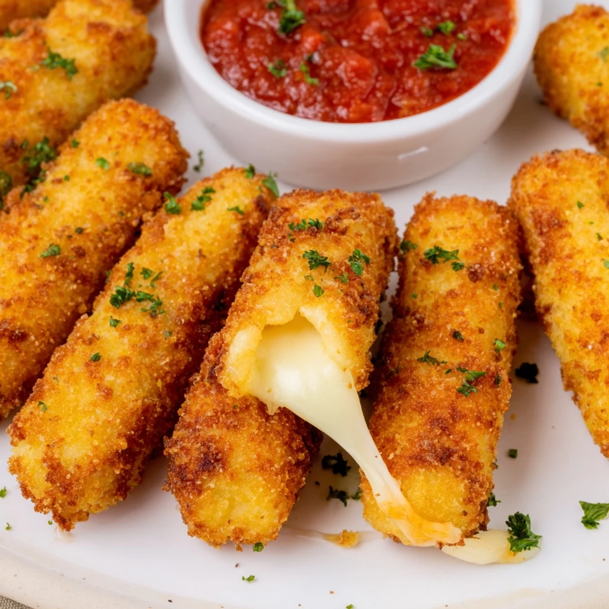 Melted cheese perfection: air fryer mozzarella sticks, ready to dip in rich, flavorful marinara sauce tonight.