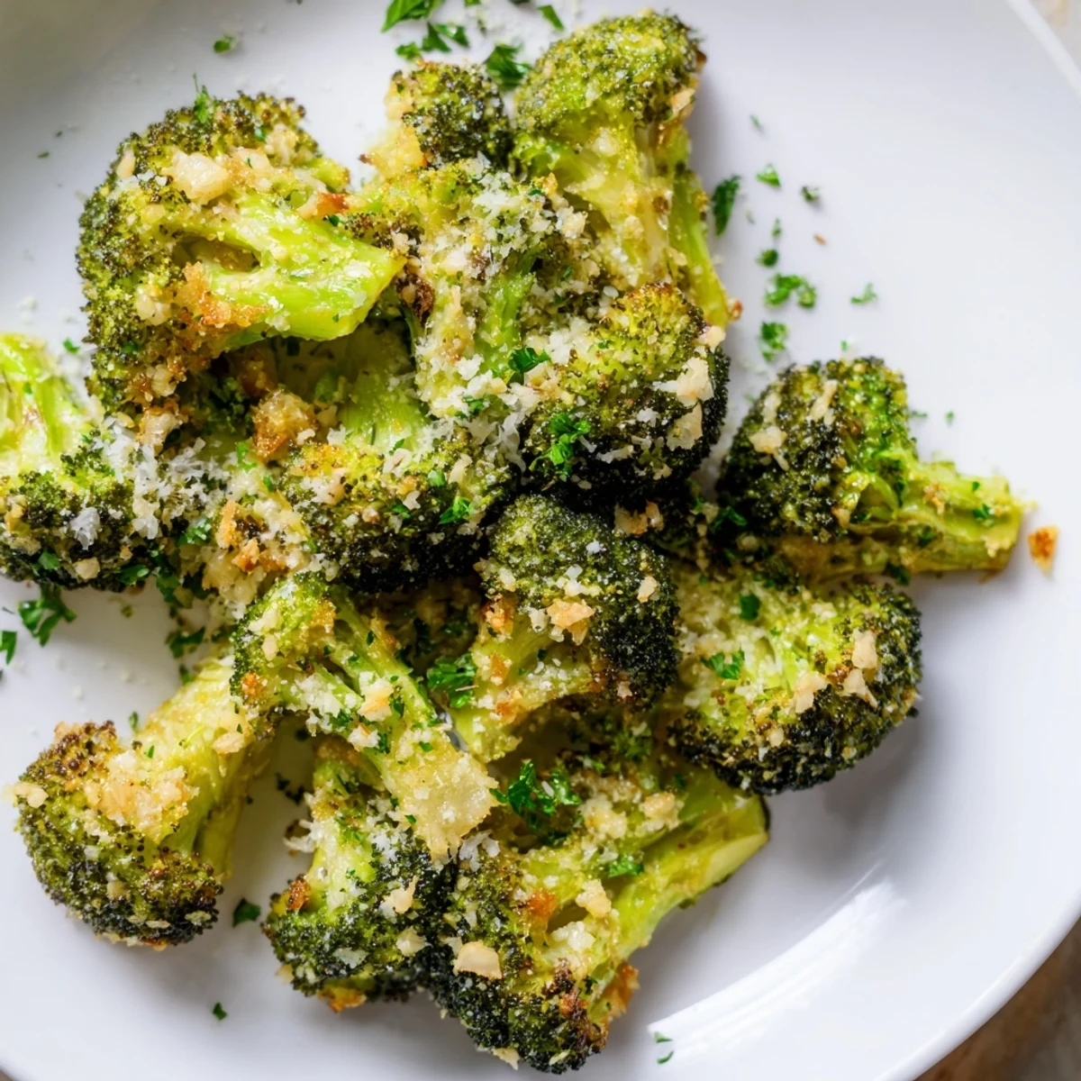 A close-up of delicious Garlic Parmesan Roasted Broccoli, roasted to crisp perfection with Parmesan.