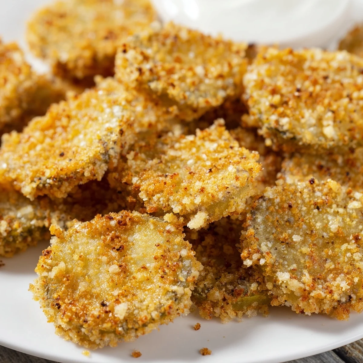 Close-up of freshly air-fried crispy fried pickles, perfectly seasoned and ready for snacking.