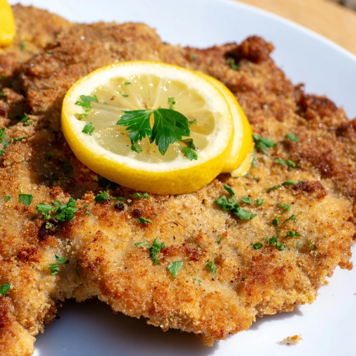 Golden-brown Austrian Wiener Schnitzel, perfectly fried, ready to be served with a lemon wedge.
