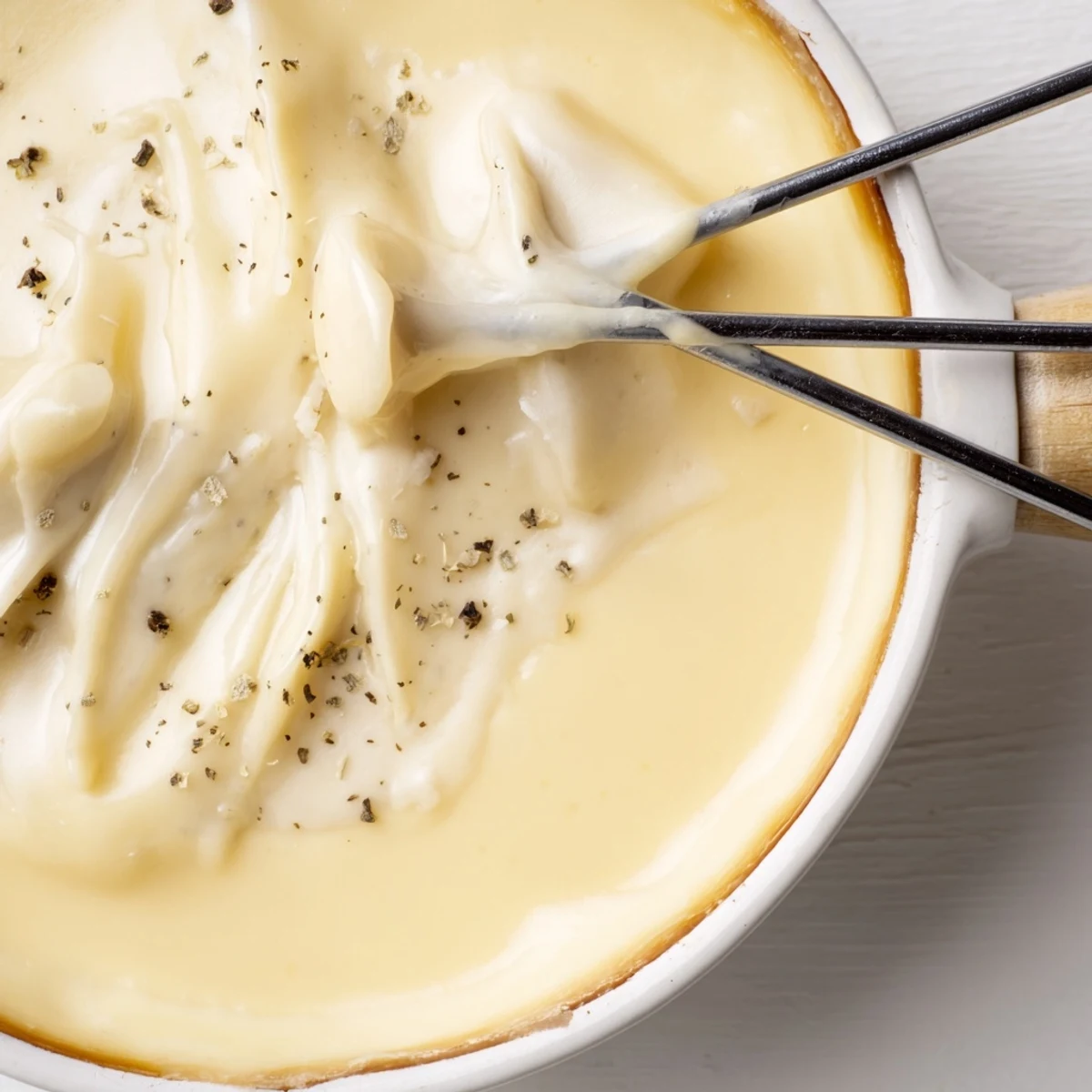 Warm, bubbling Swiss cheese fondue with bread cubes and veggies ready for dipping and sharing.