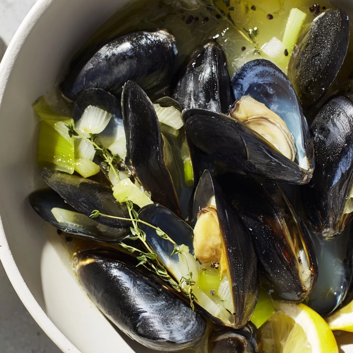 Steaming Belgian Moules Marinière with fresh herbs and wine, a flavorful seafood delight.