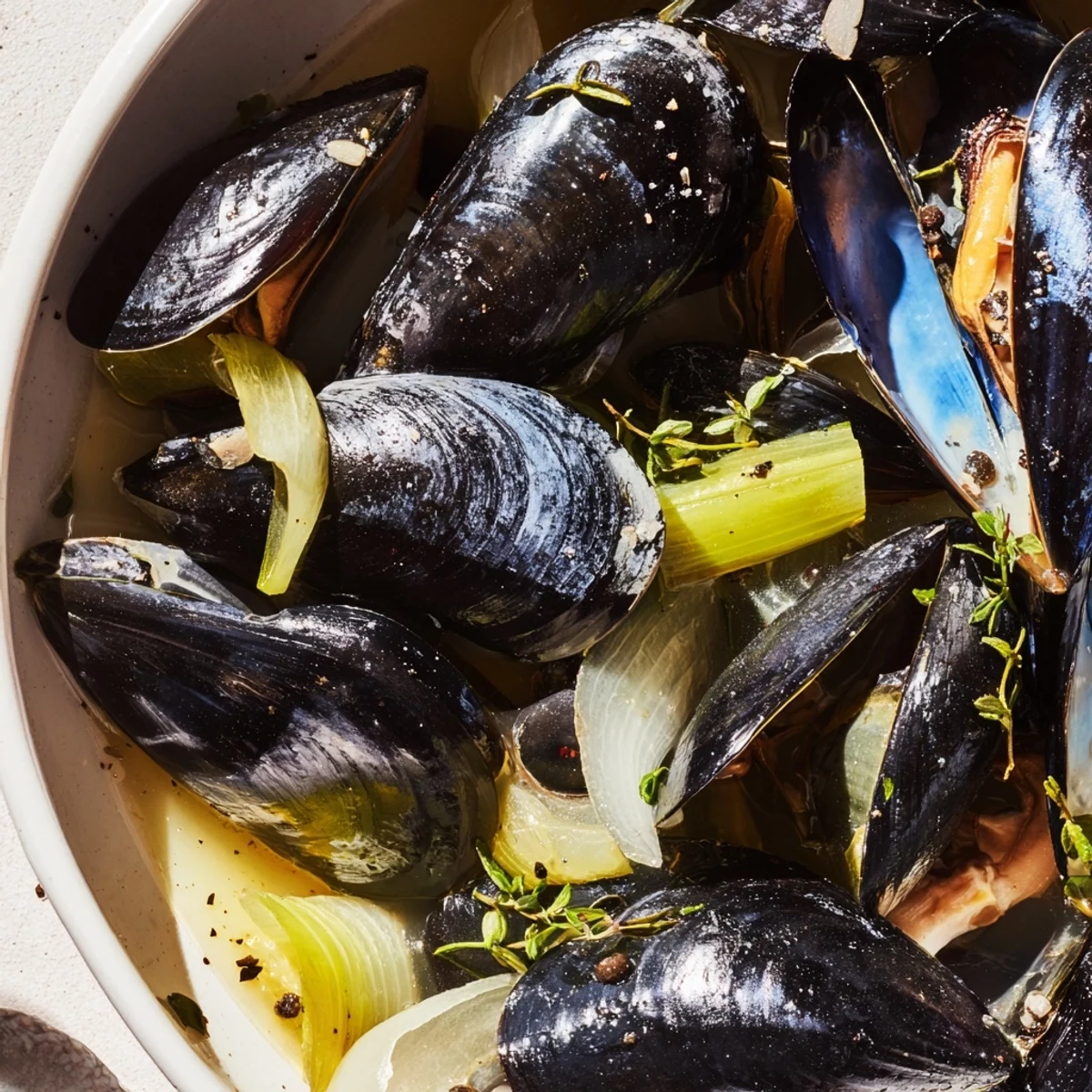 Fragrant broth surrounds the tender, open mussels in this classic Belgian Moules Marinière recipe.