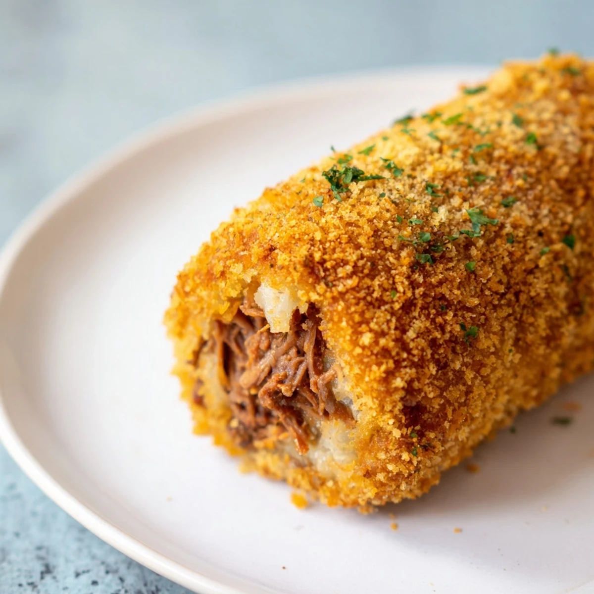 A plate of warm Dutch croquettes, breaded and ready to enjoy with a mustard dipping sauce.