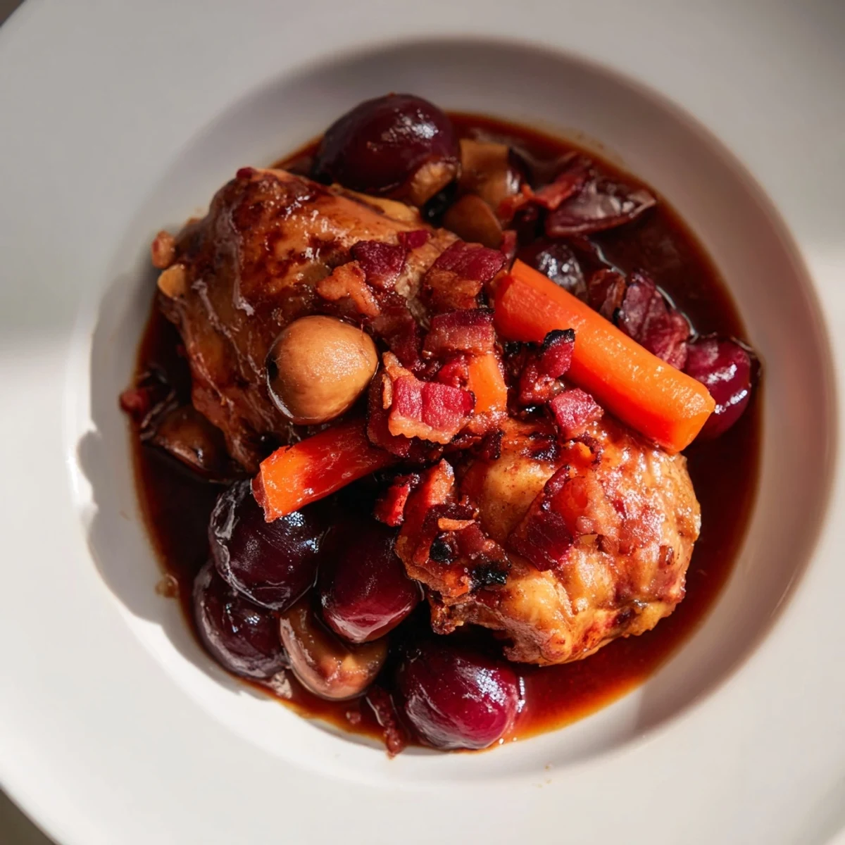 Coq au Vin: A hearty stew with tender chicken, savory bacon, and rich red wine sauce.