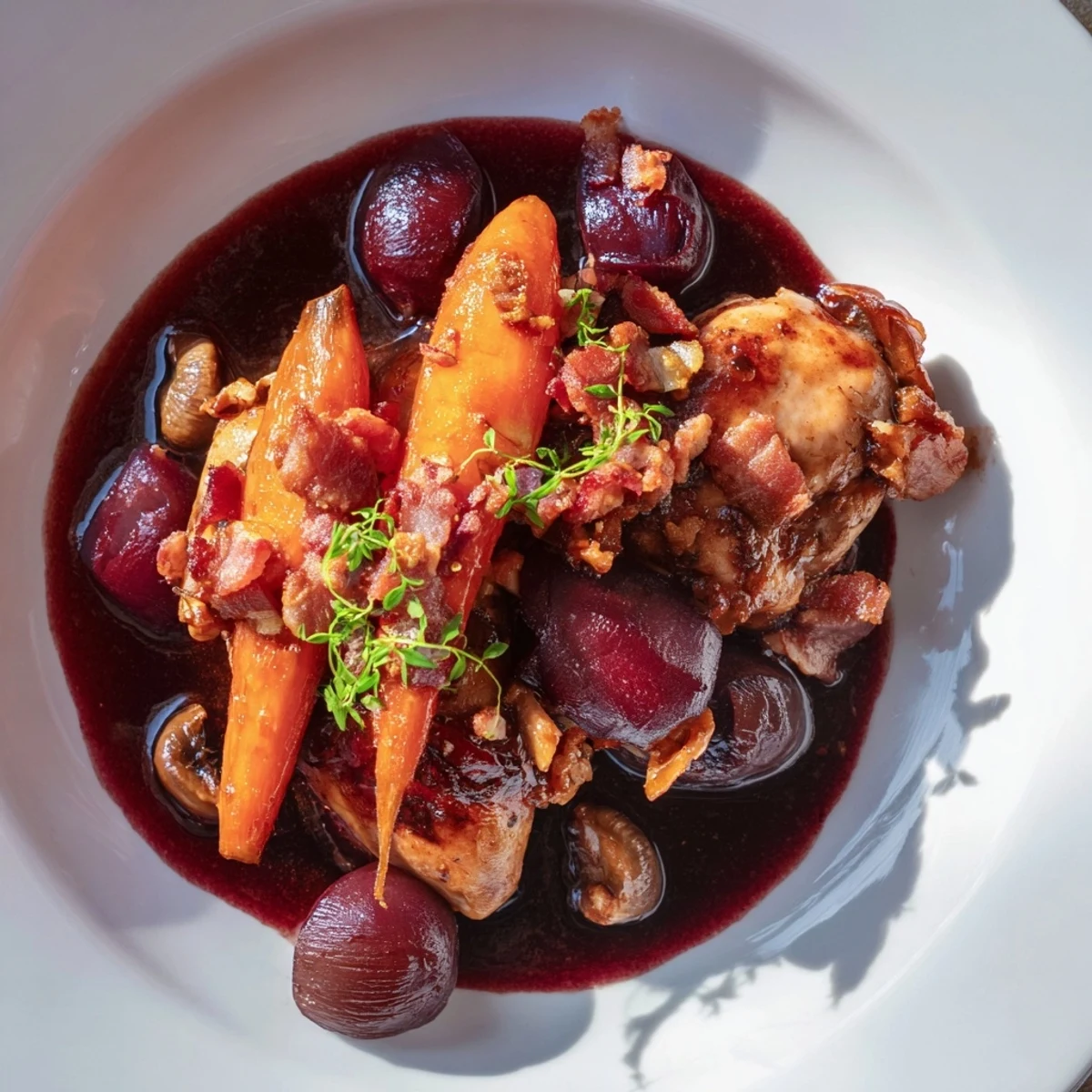 This delicious Coq au Vin showcases golden chicken pieces with pearl onions and mushroom garnish.