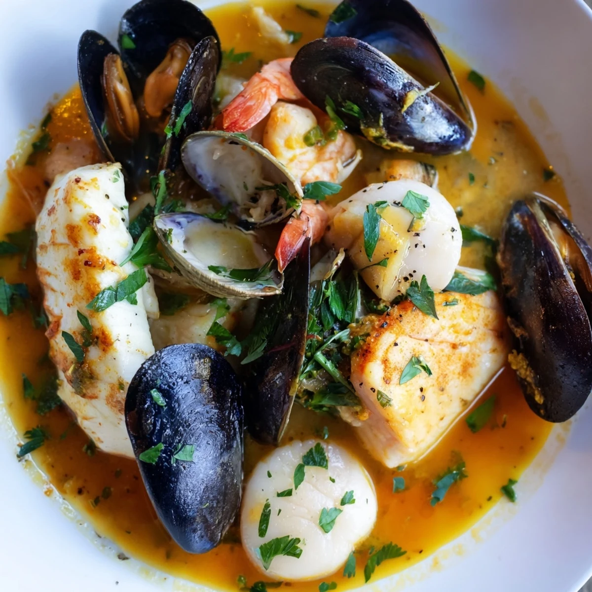 Steaming bouillabaisse with chunks of tender fish and shellfish, a flavorful Provençal seafood stew.
