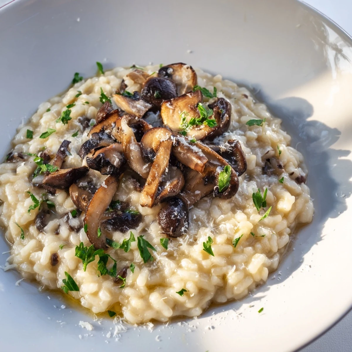 A close-up of creamy Italian Mushroom Risotto, showcasing perfectly cooked Arborio rice and Parmesan.