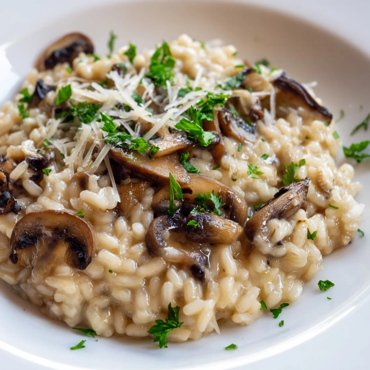Beautiful plate of Italian Mushroom Risotto, ready to serve and enjoy for a special dinner.