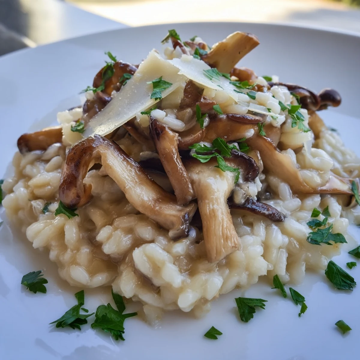 Steaming bowl of Italian Mushroom Risotto: a rich, comforting dish topped with fresh parsley.