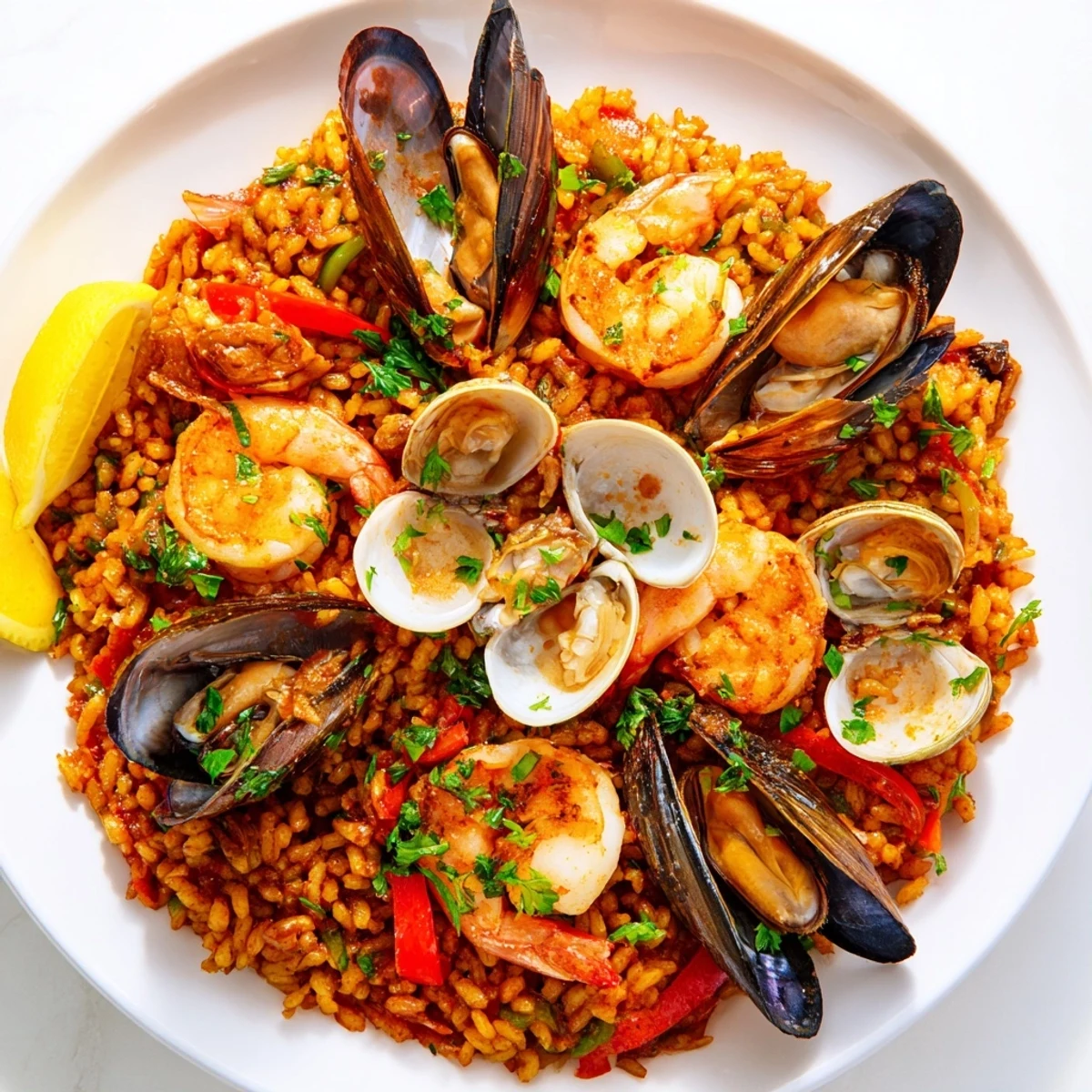Golden-hued Spanish Seafood Paella with plump shrimp and mussels, ready to serve with lemon.