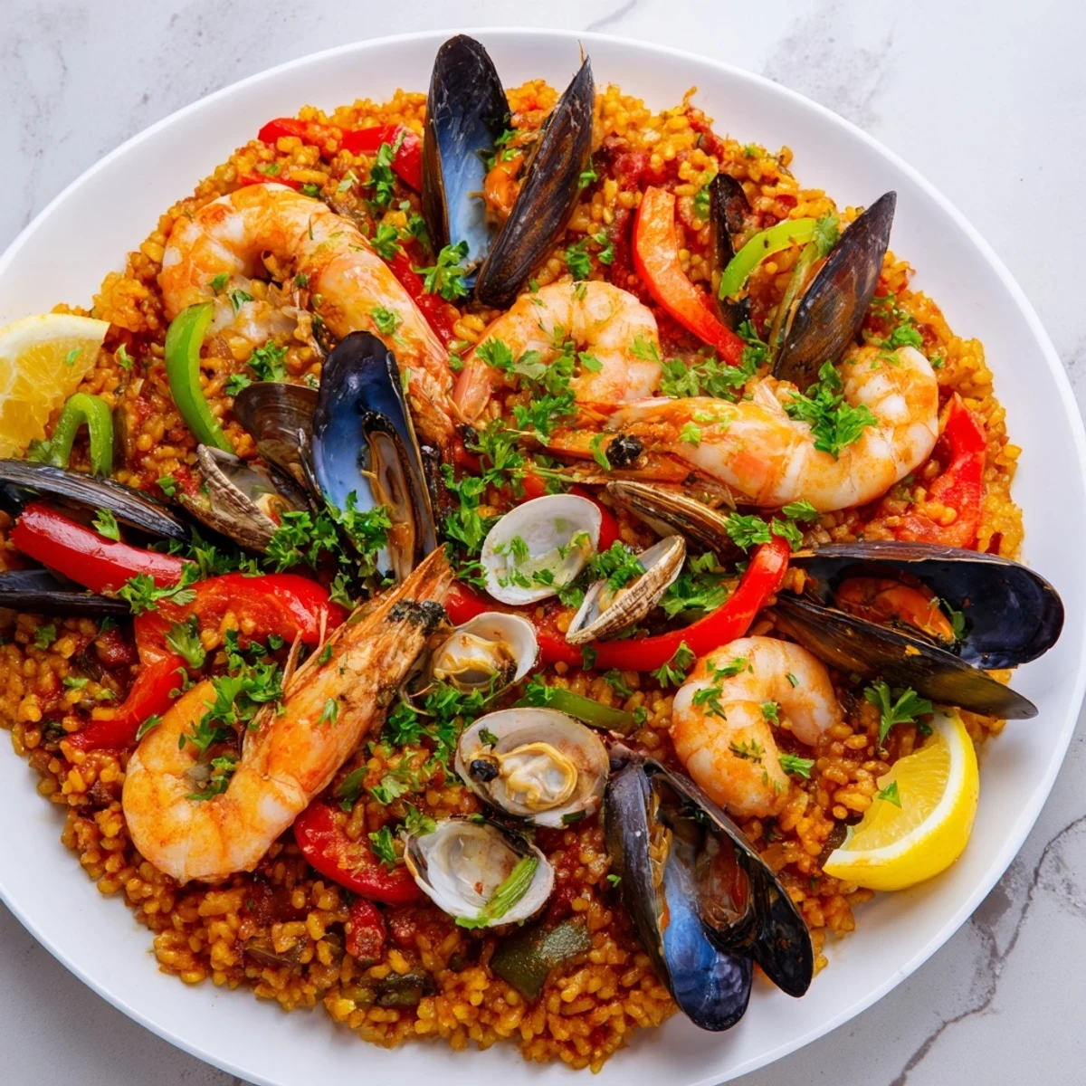 This visually stunning plate of Spanish Seafood Paella shows colorful peppers and fragrant rice ready to enjoy.