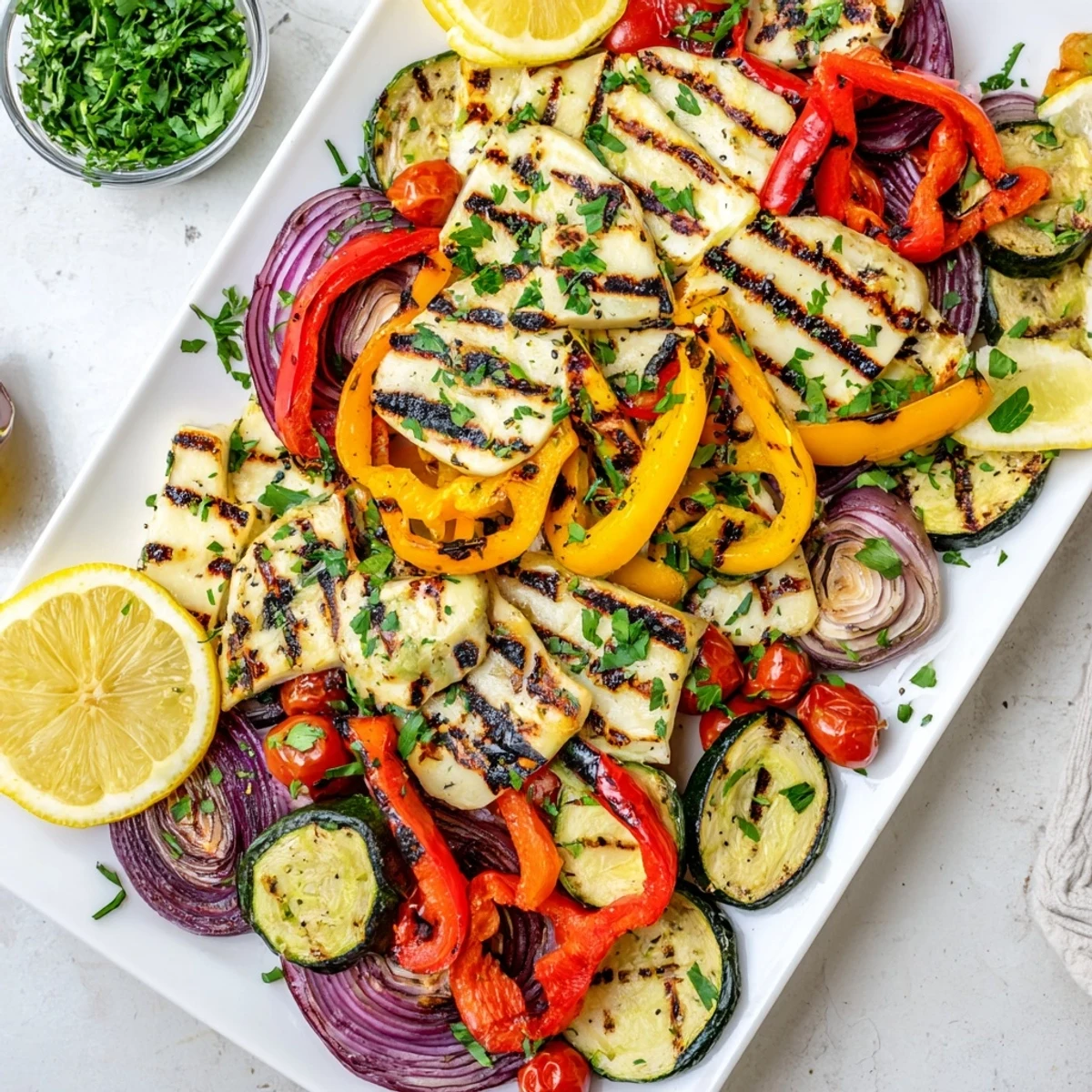 Grilled halloumi cheese steak topped with charred vegetables and fresh cherry tomatoes on a serving platter.  