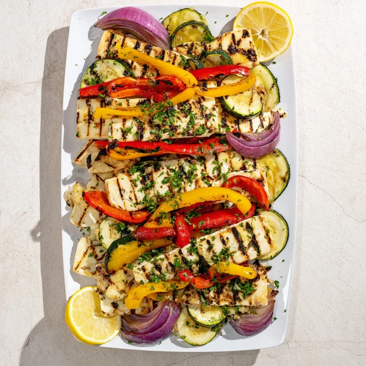 Golden grilled halloumi cheese steak slices, garnished with parsley and served with lemon wedges for brightness.  