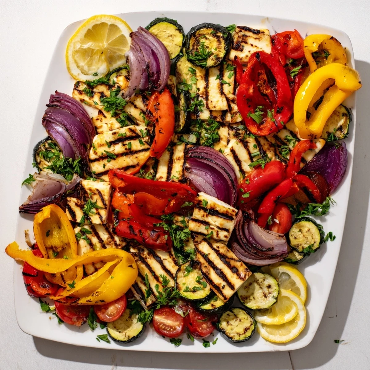 Vegetarian grilled halloumi cheese steak with colorful peppers and zucchini, ready to enjoy as a main dish.