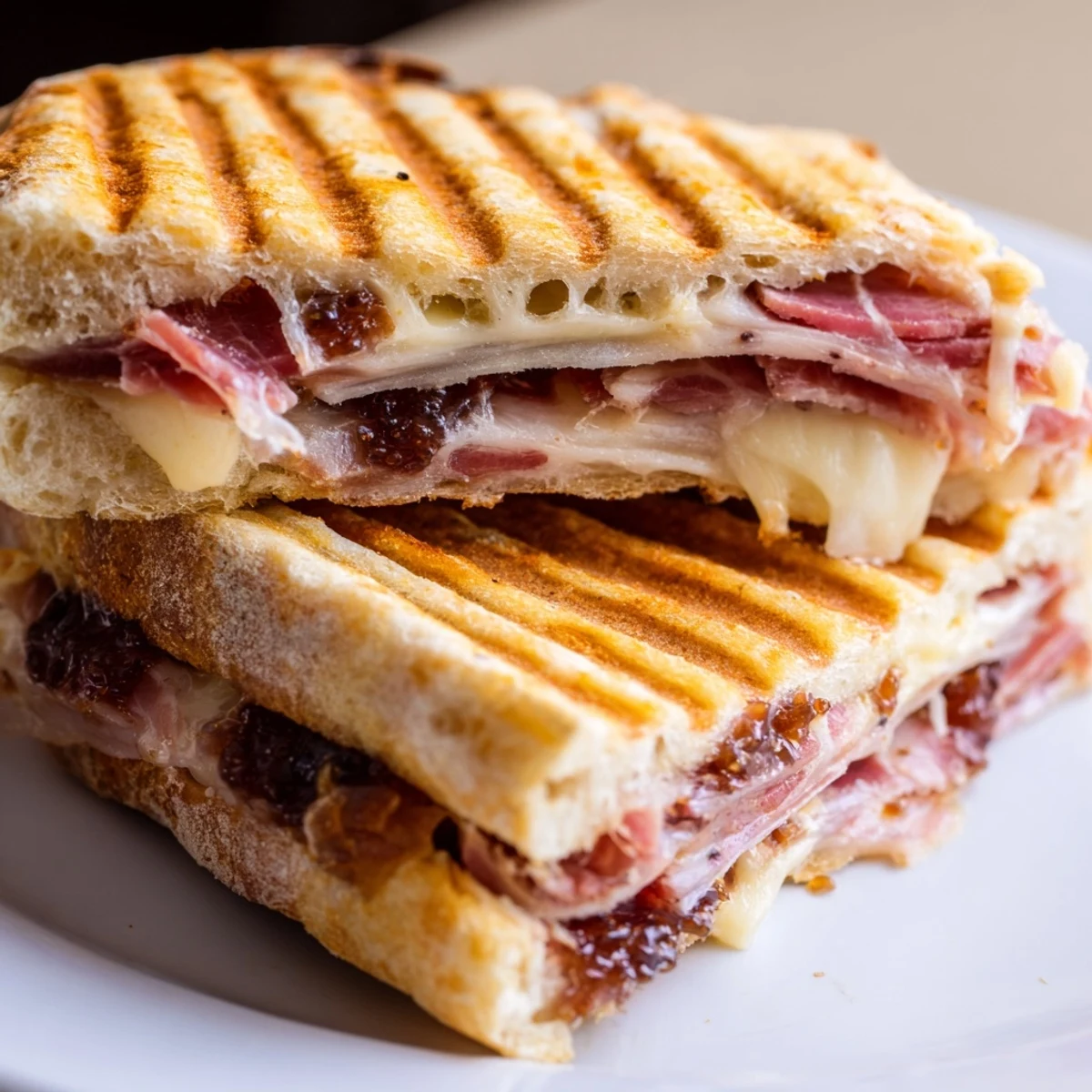 Golden-brown Crispy Prosciutto & Fig Panini sliced in half on a wooden board, showing melted fontina and fig jam.