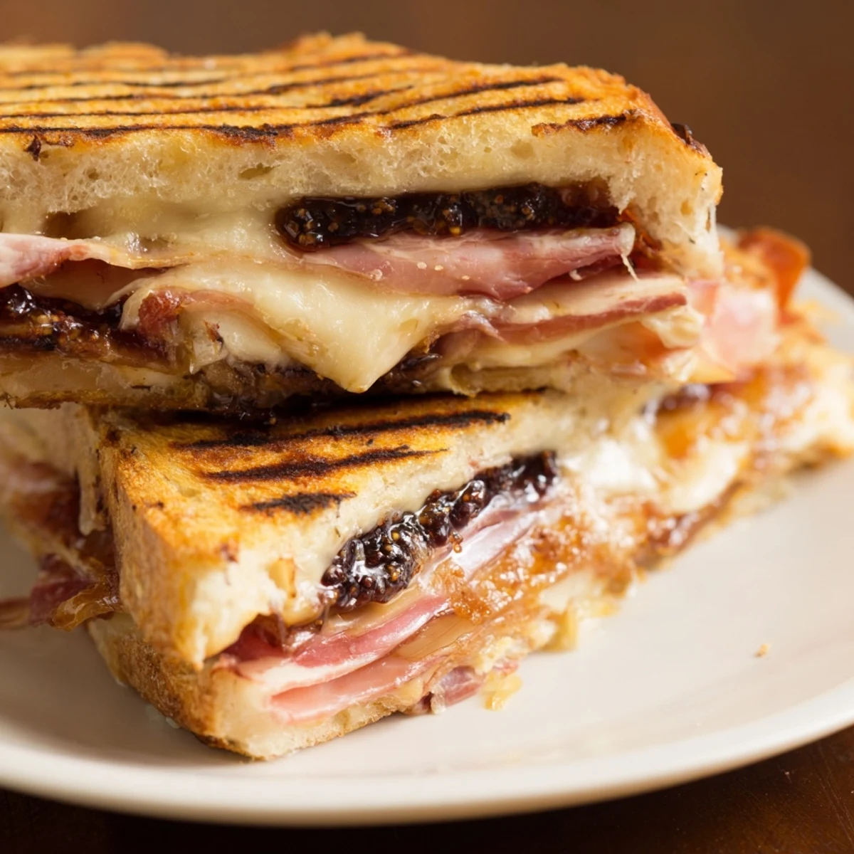 A golden Crispy Prosciutto & Fig Panini pressed and sliced, highlighting its savory prosciutto and sweet fig jam filling.
