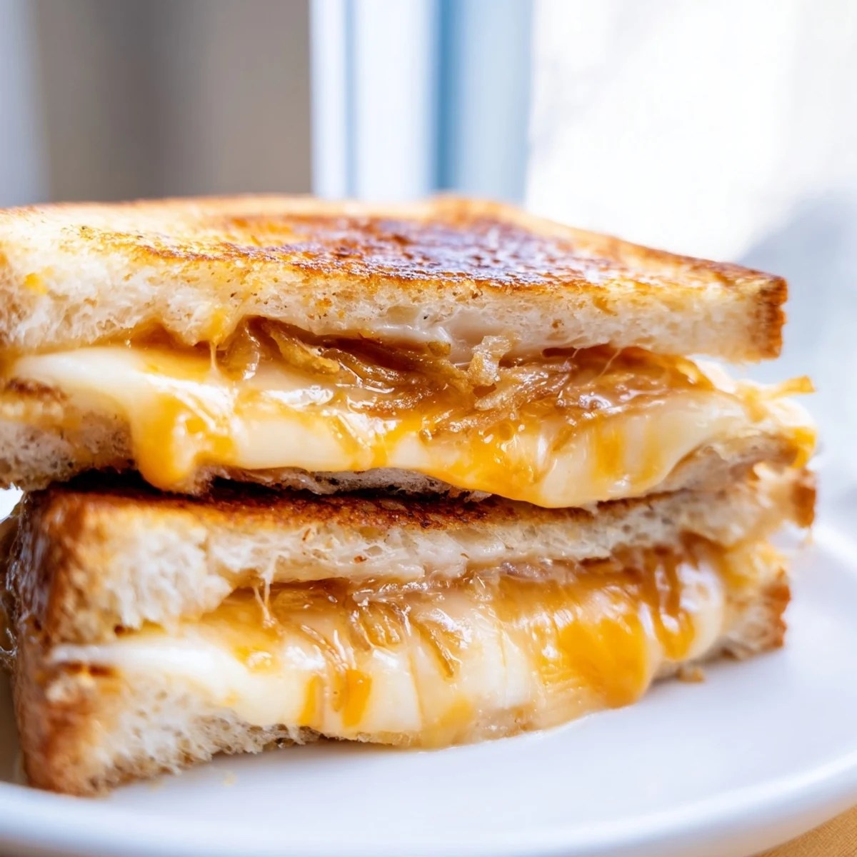 Decadent Crispy Onion Grilled Cheese featuring crunchy onions tucked between gooey melted cheese on buttery bread.