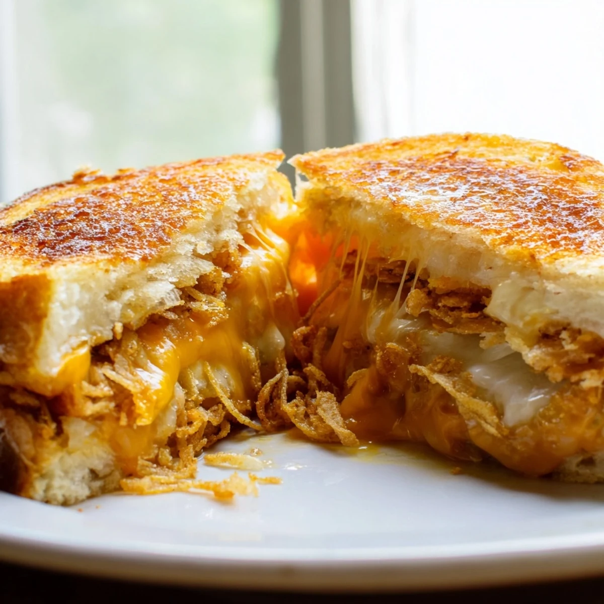 Crispy Onion Grilled Cheese sandwich with golden fried onions, melted cheddar and mozzarella on toasted sourdough.